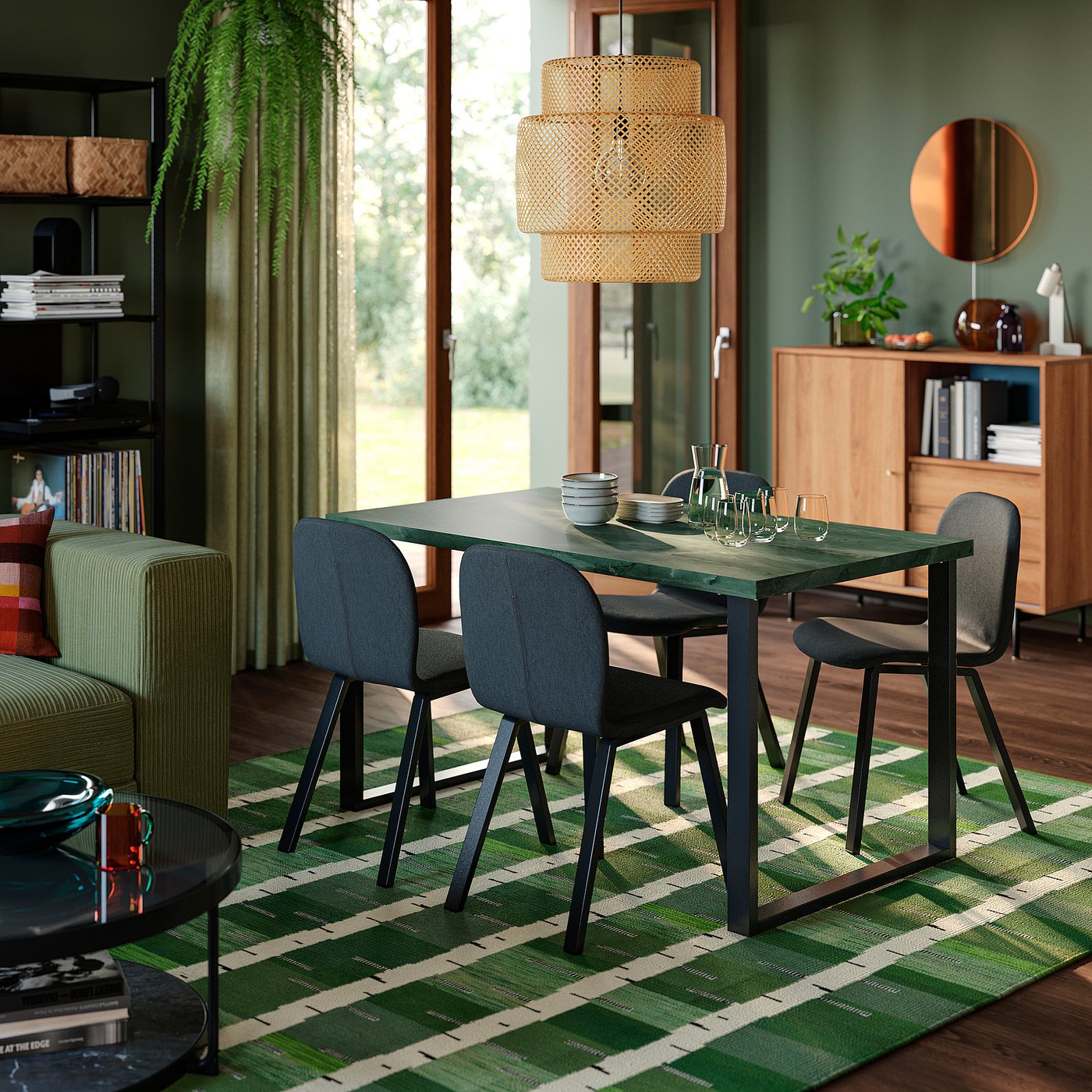 SKÅLSTA table and 4 chairs, dark grey-green marble effect U-shaped black-grey/Knäbäck dark grey profiled metal/black-grey, 140x80 cm
