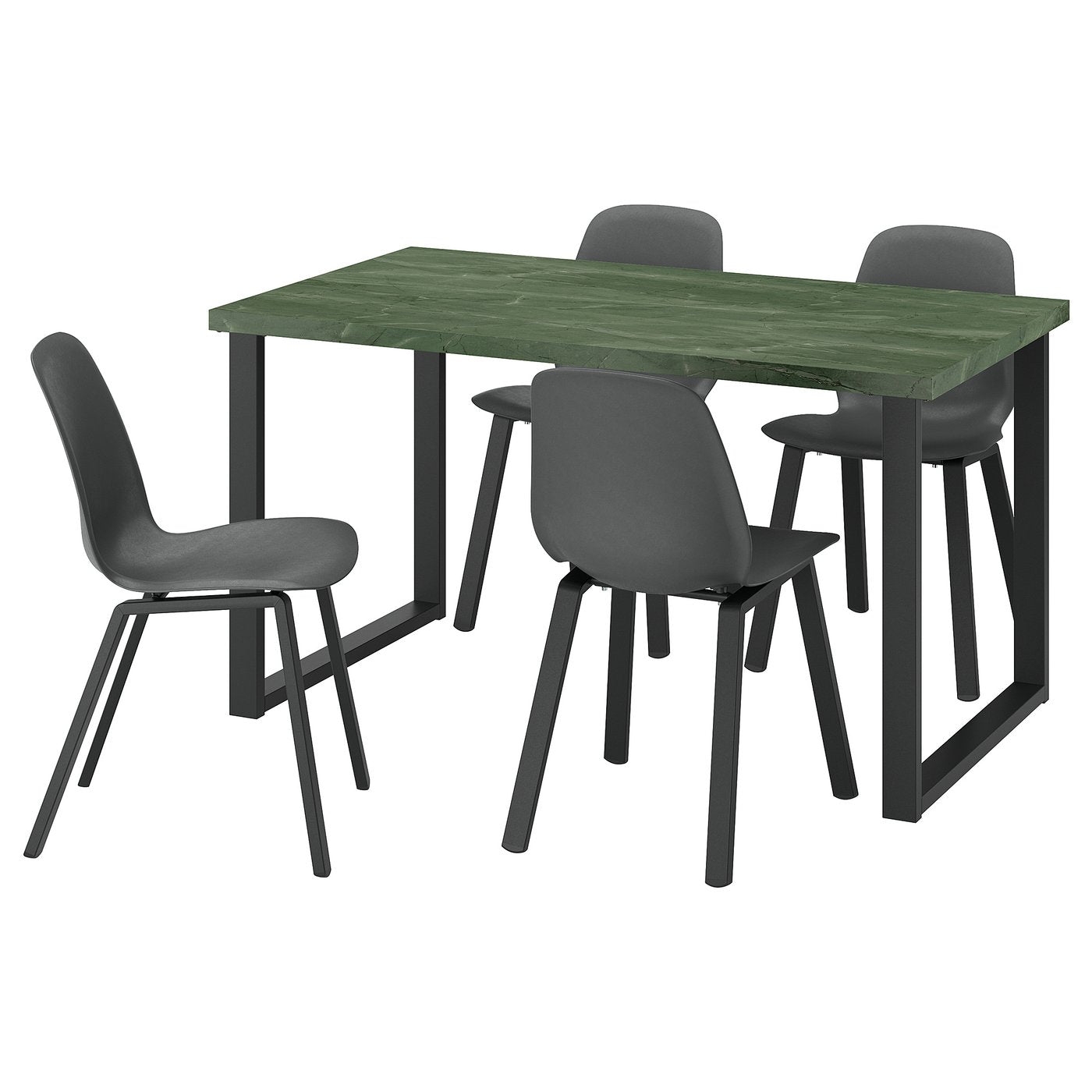 SKÅLSTA table and 4 chairs, dark grey-green marble effect U-shaped black-grey/plastic black profiled metal/black-grey, 140x47 cm