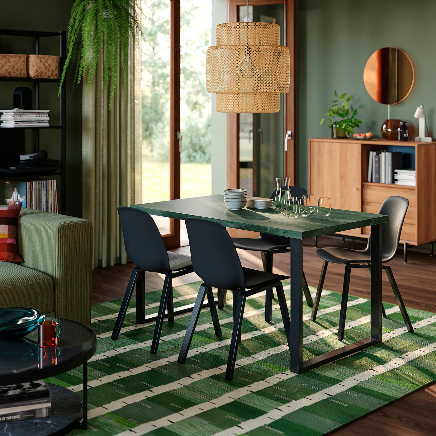 SKÅLSTA table and 4 chairs, dark grey-green marble effect U-shaped black-grey/plastic black profiled metal/black-grey, 140x47 cm