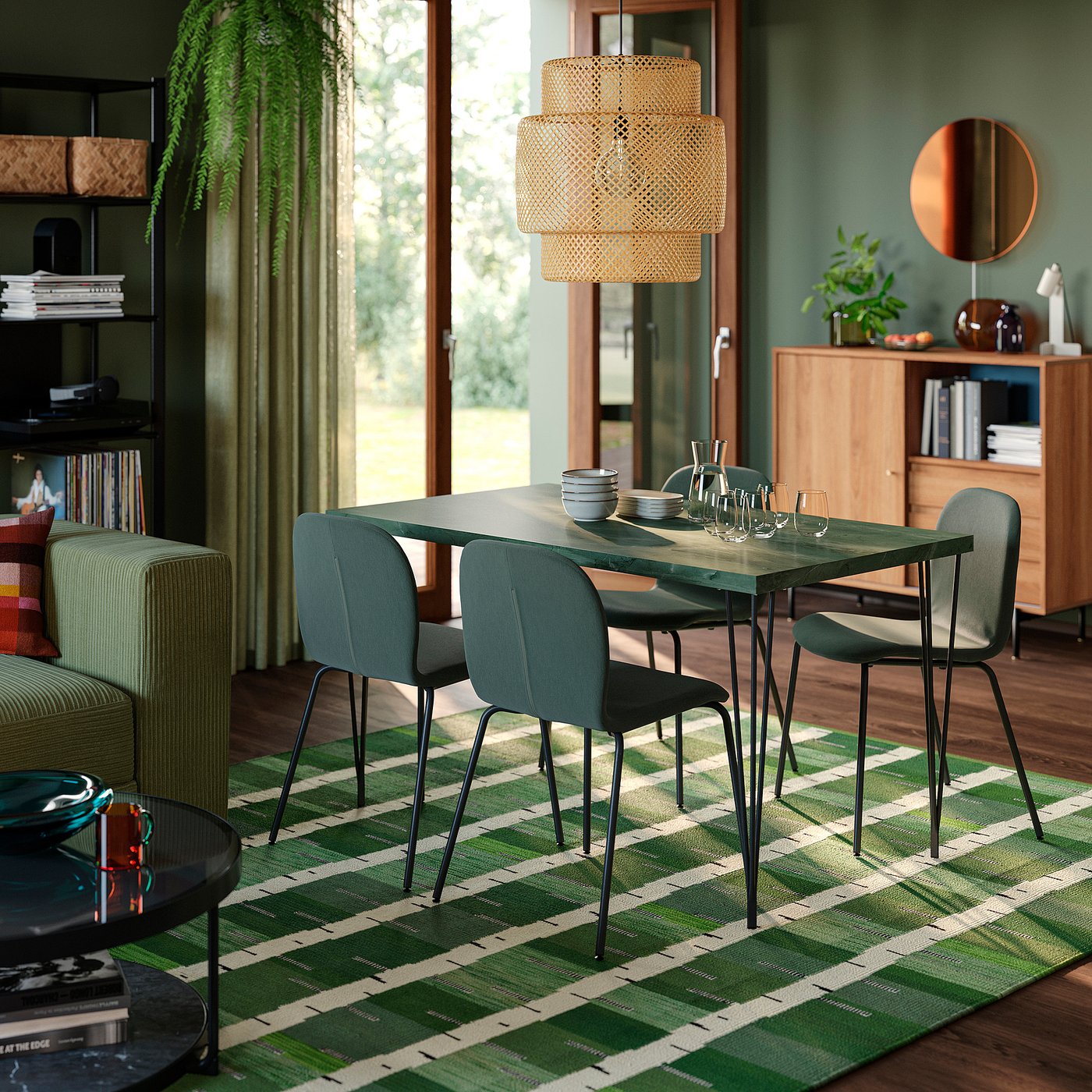 SKÅLSTA table and 4 chairs, dark grey-green marble effect hairpin black-grey/Knäbäck grey-green tubular metal/black-grey, 140x80 cm