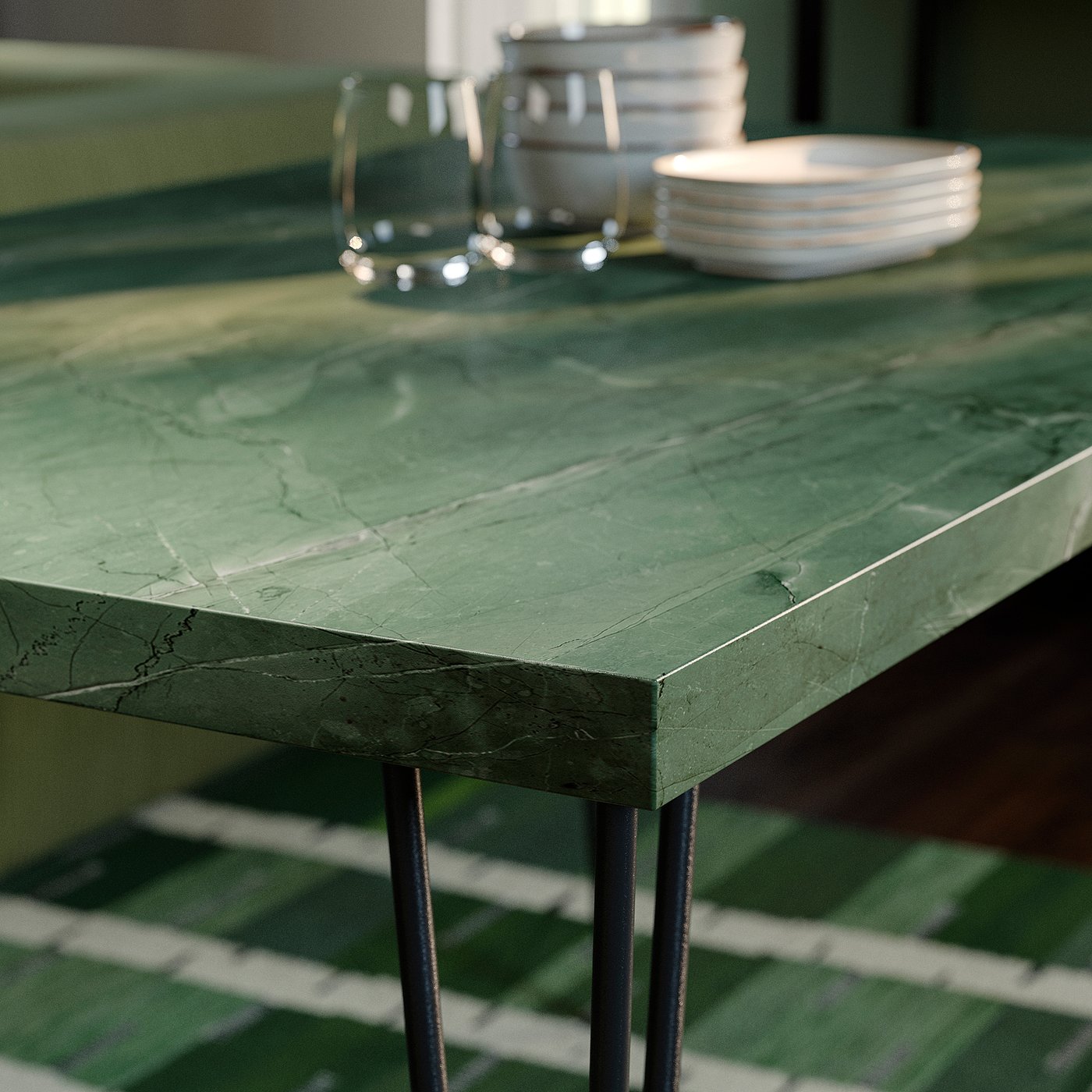 SKÅLSTA table and 4 chairs, dark grey-green marble effect hairpin black-grey/Knäbäck grey-green tubular metal/black-grey, 140x80 cm