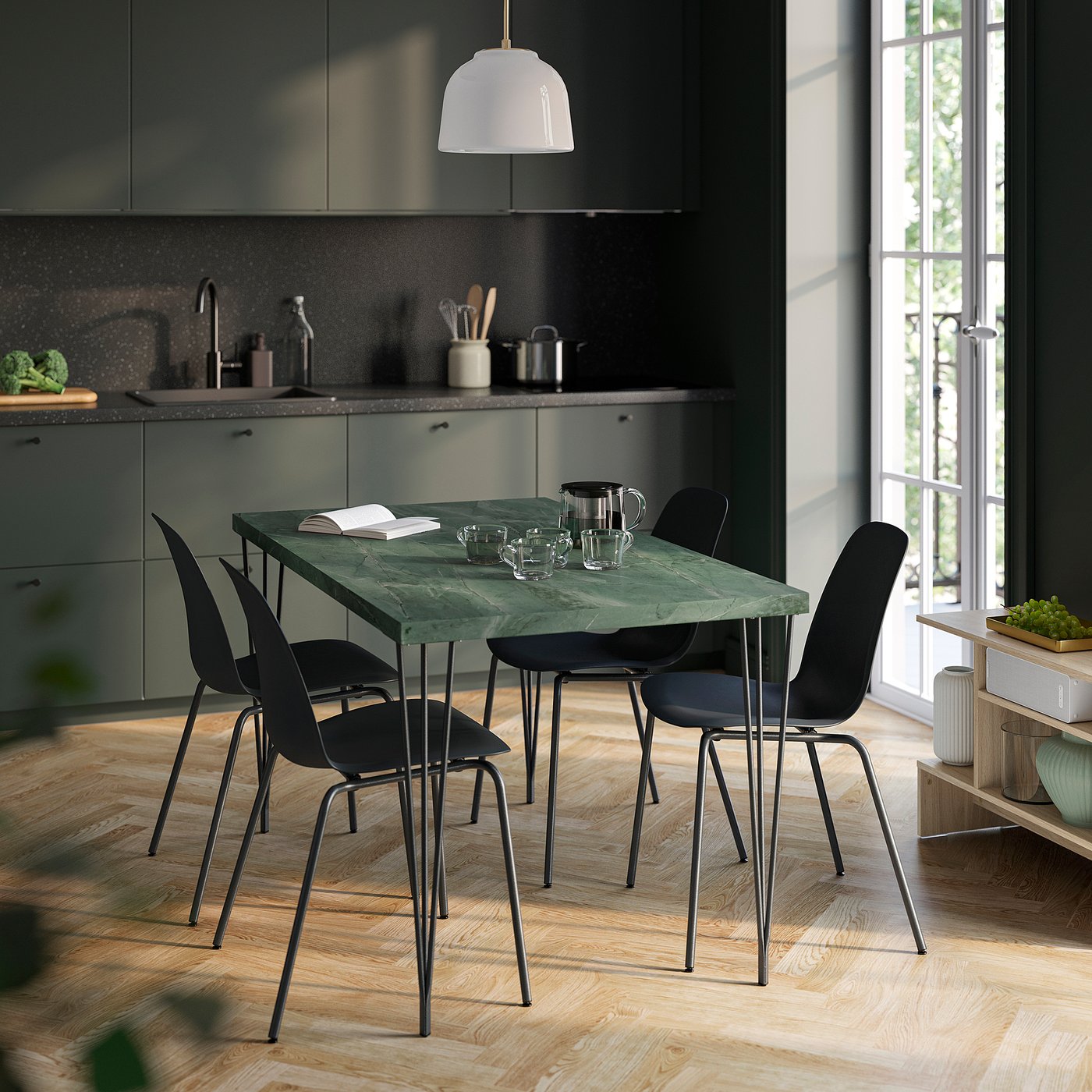 SKÅLSTA table and 4 chairs, dark grey-green marble effect hairpin black-grey/plastic black tubular metal/black-grey, 140x80 cm