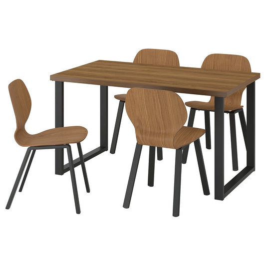 SKÅLSTA table and 4 chairs, walnut effect U-shaped black-grey/walnut veneer profiled metal/black-grey, 140x80 cm