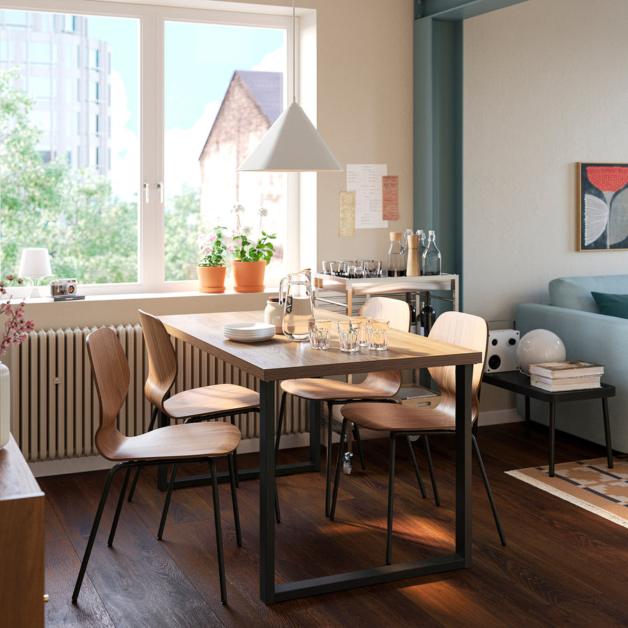 SKÅLSTA table and 4 chairs, walnut effect U-shaped black-grey/walnut veneer tubular metal/black-grey, 140x80 cm
