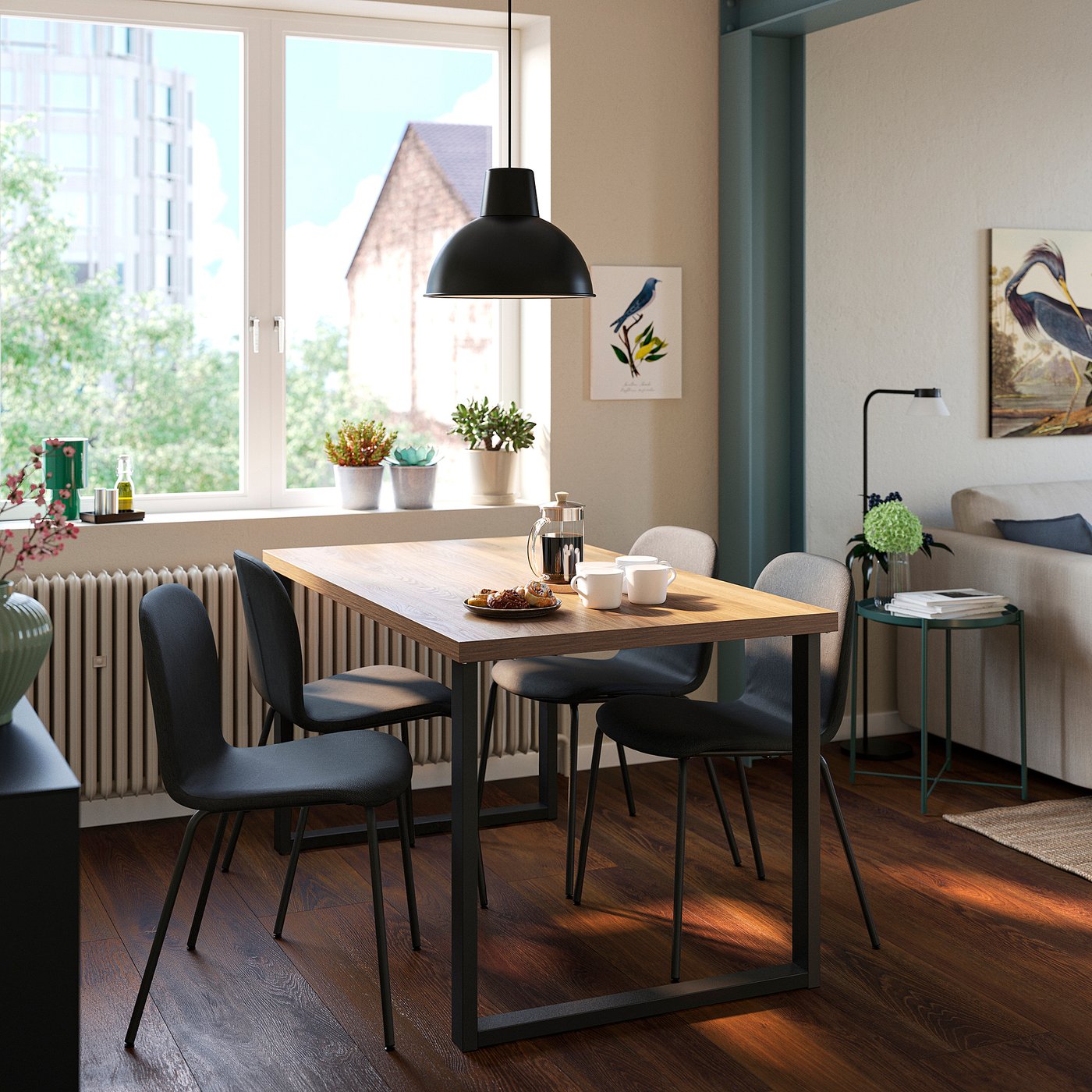 SKÅLSTA table and 4 chairs, walnut effect U-shaped black-grey/Knäbäck dark grey tubular metal/black-grey, 140x52 cm