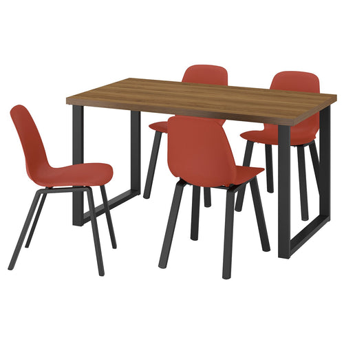 SKÅLSTA table and 4 chairs, walnut effect U-shaped black-grey/plastic red profiled metal/black-grey, 140x80 cm