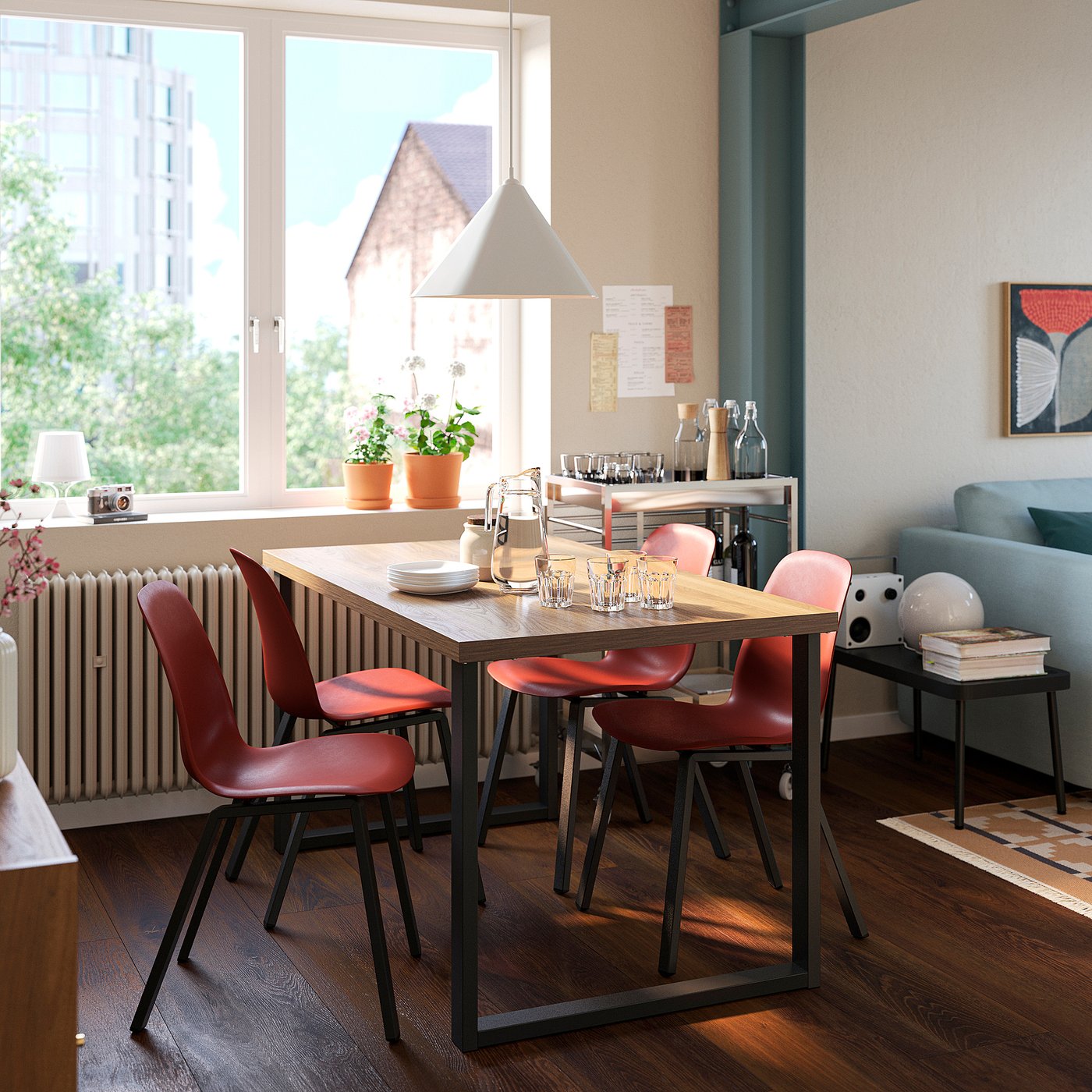 SKÅLSTA table and 4 chairs, walnut effect U-shaped black-grey/plastic red profiled metal/black-grey, 140x80 cm