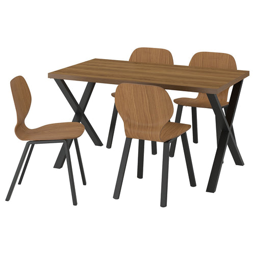 SKÅLSTA table and 4 chairs, walnut effect X-shaped black-grey/walnut veneer profiled metal/black-grey, 140x80 cm