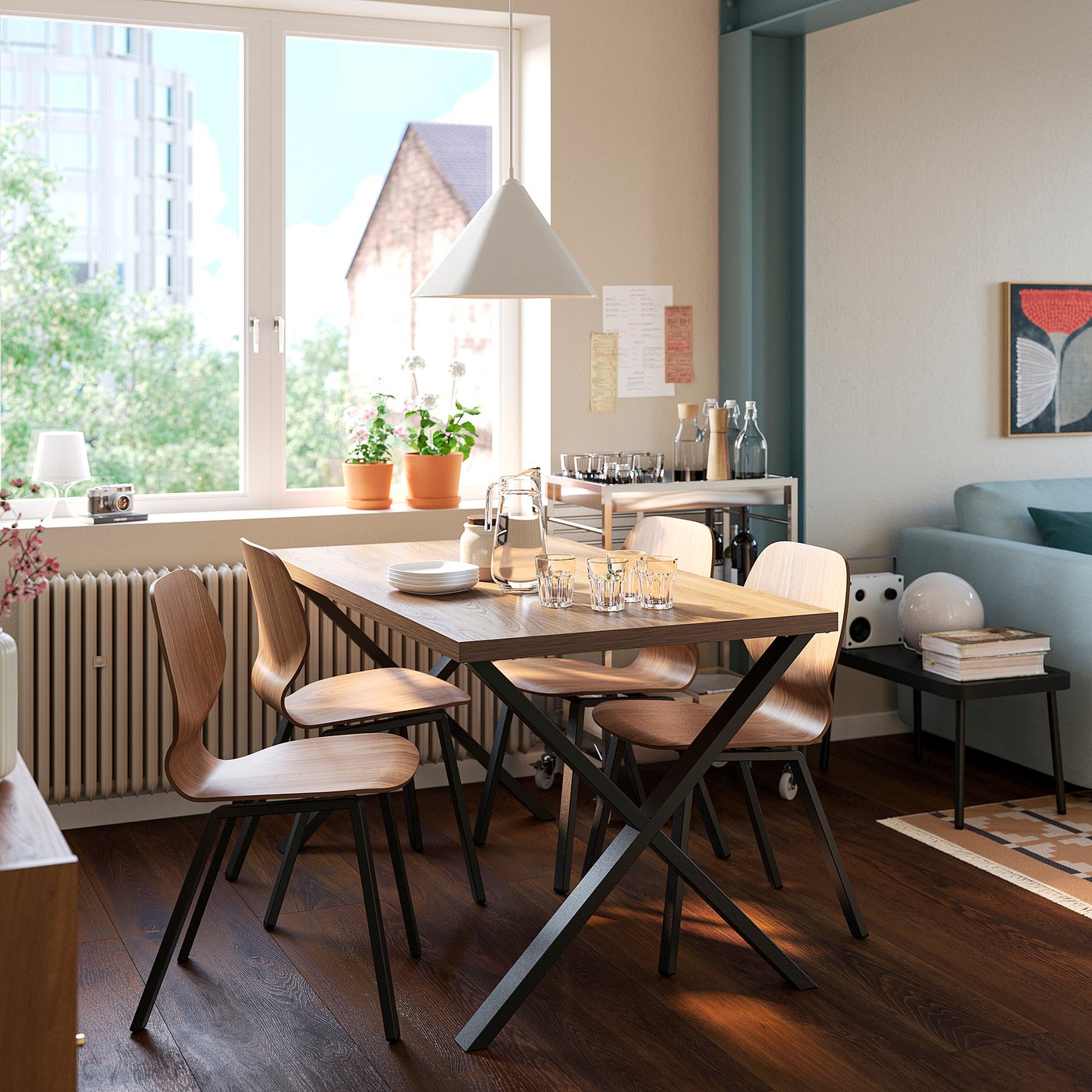 SKÅLSTA table and 4 chairs, walnut effect X-shaped black-grey/walnut veneer profiled metal/black-grey, 140x80 cm