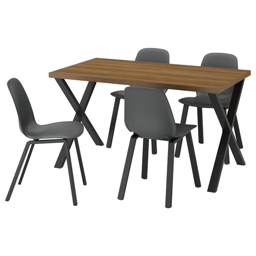 SKÅLSTA table and 4 chairs, walnut effect X-shaped black-grey/plastic black profiled metal/black-grey, 140x80 cm