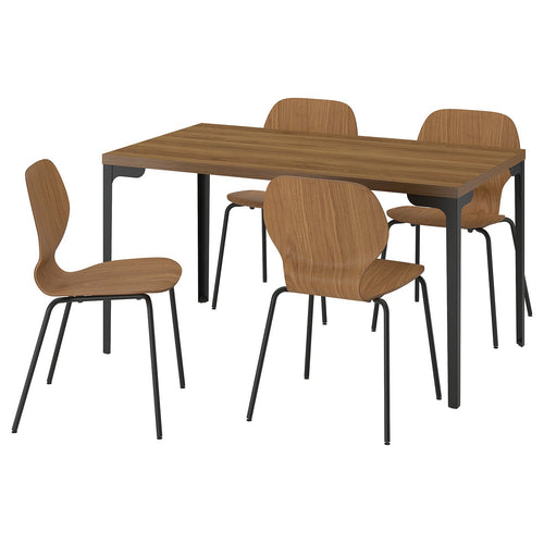 SKÅLSTA table and 4 chairs, walnut effect straight black-grey/walnut veneer tubular metal/black-grey, 140x80 cm