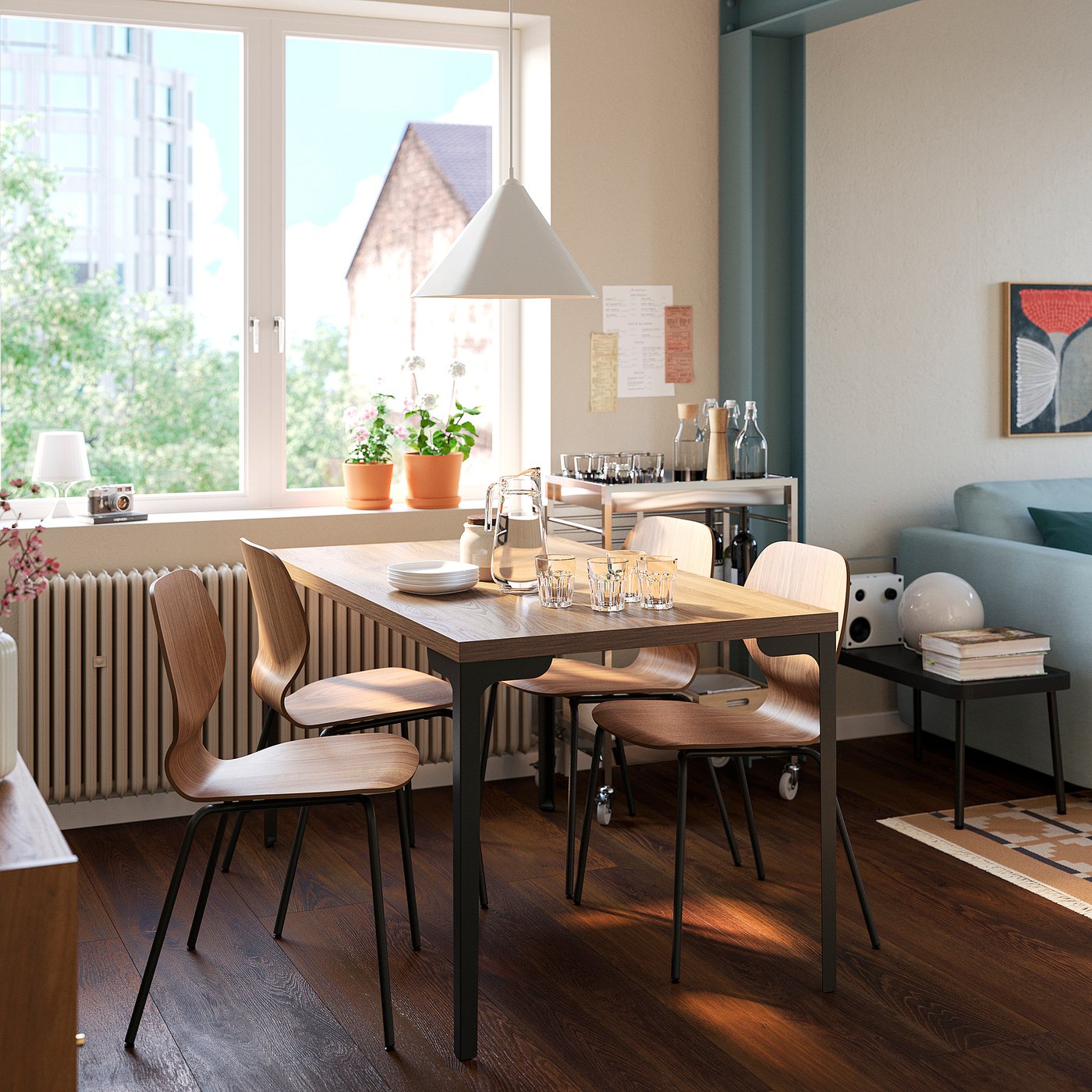 SKÅLSTA table and 4 chairs, walnut effect straight black-grey/walnut veneer tubular metal/black-grey, 140x80 cm