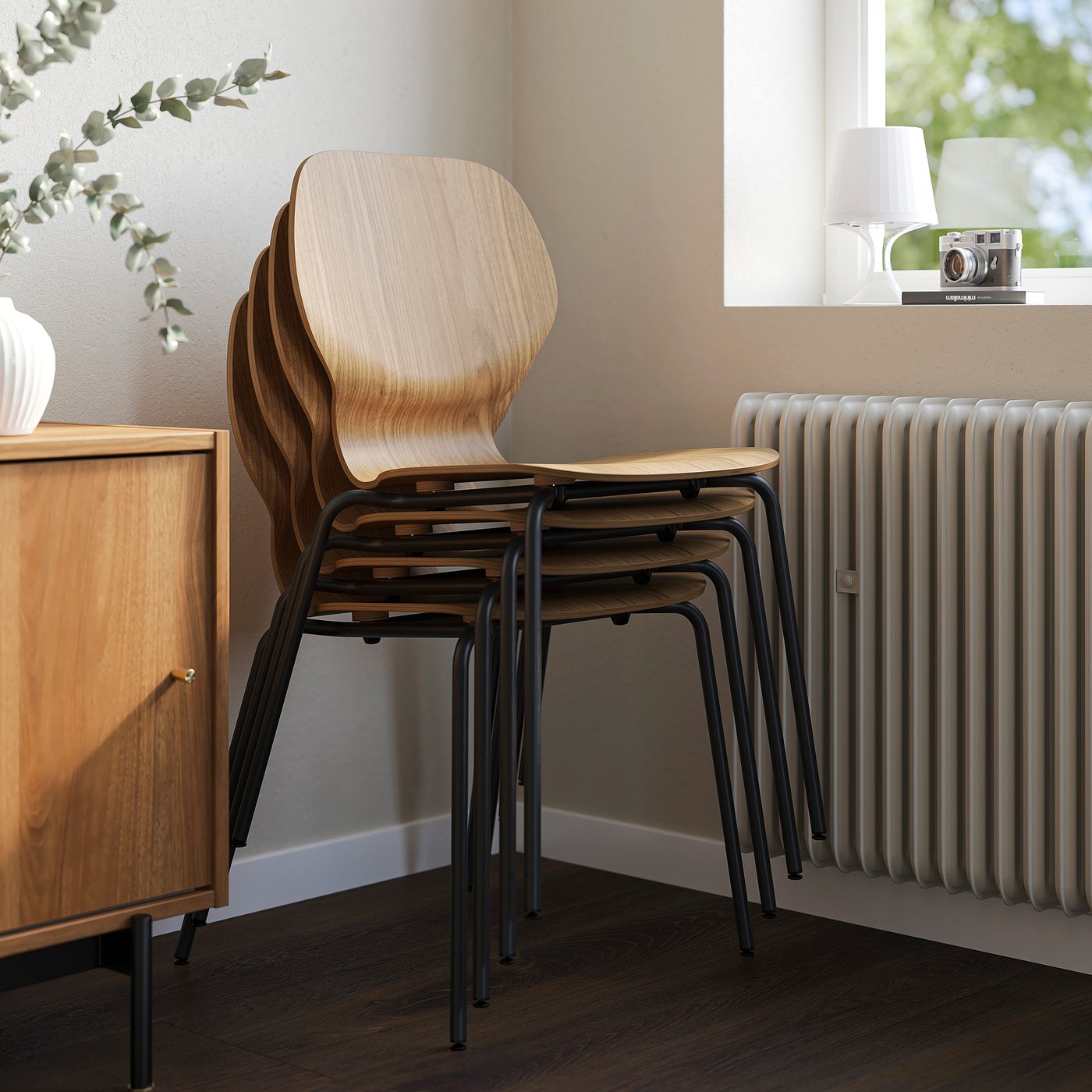 SKÅLSTA table and 4 chairs, walnut effect straight black-grey/walnut veneer tubular metal/black-grey, 140x80 cm