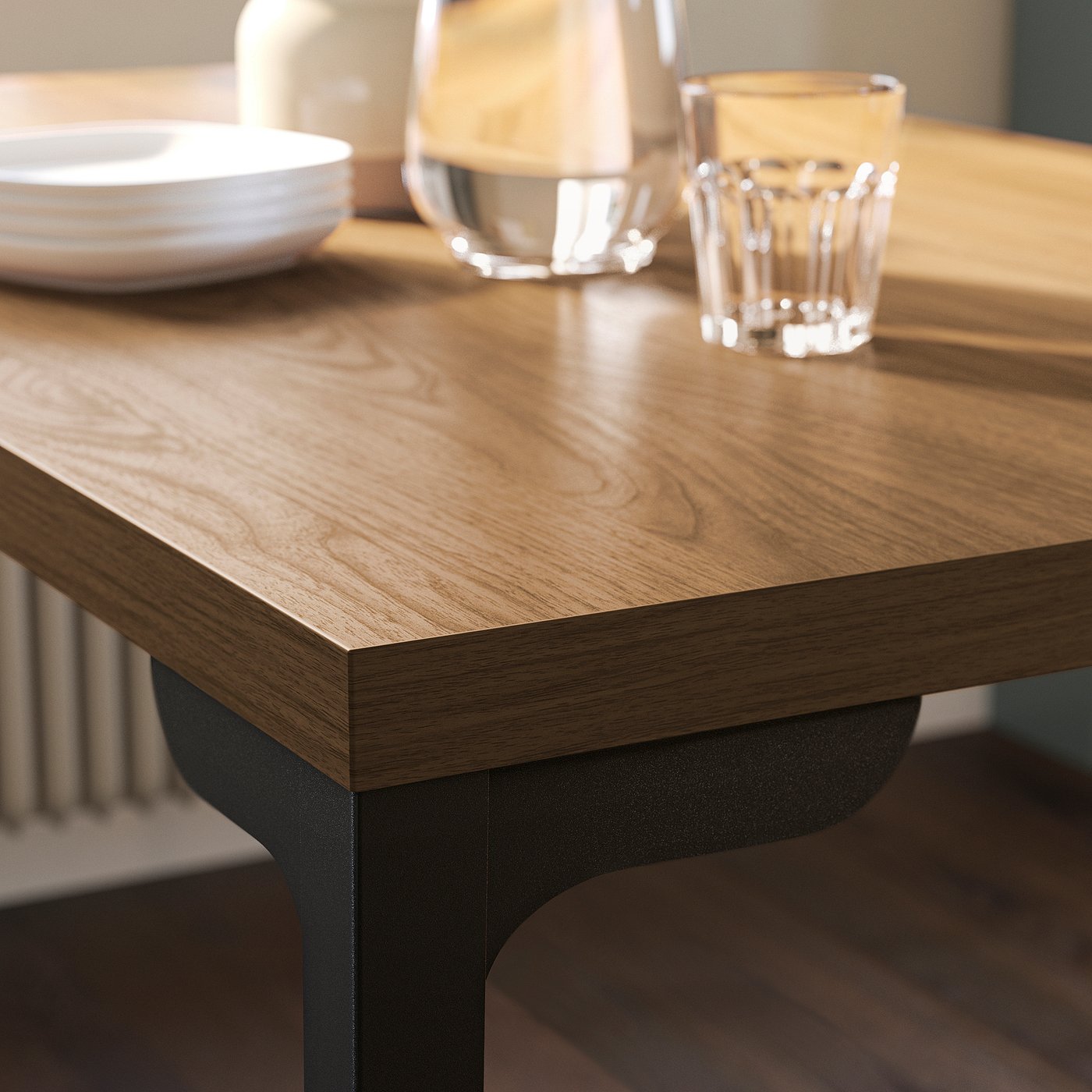SKÅLSTA table and 4 chairs, walnut effect straight black-grey/walnut veneer tubular metal/black-grey, 140x80 cm