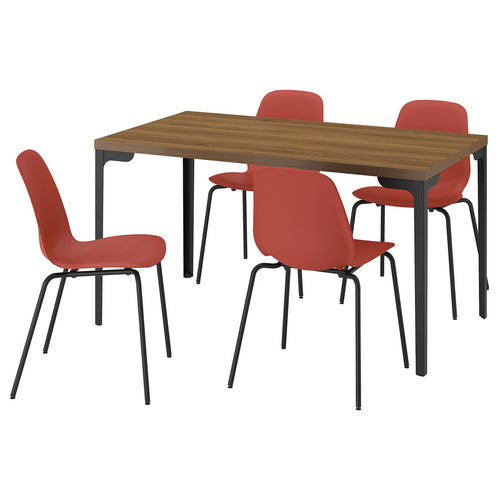 SKÅLSTA table and 4 chairs, walnut effect straight black-grey/plastic red tubular metal/black-grey, 140x80 cm