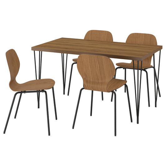 SKÅLSTA table and 4 chairs, walnut effect hairpin black-grey/walnut veneer tubular metal/black-grey, 140x80 cm