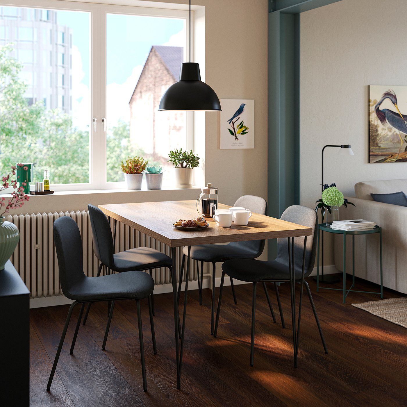 SKÅLSTA table and 4 chairs, walnut effect hairpin black-grey/Knäbäck dark grey tubular metal/black-grey, 140x80 cm