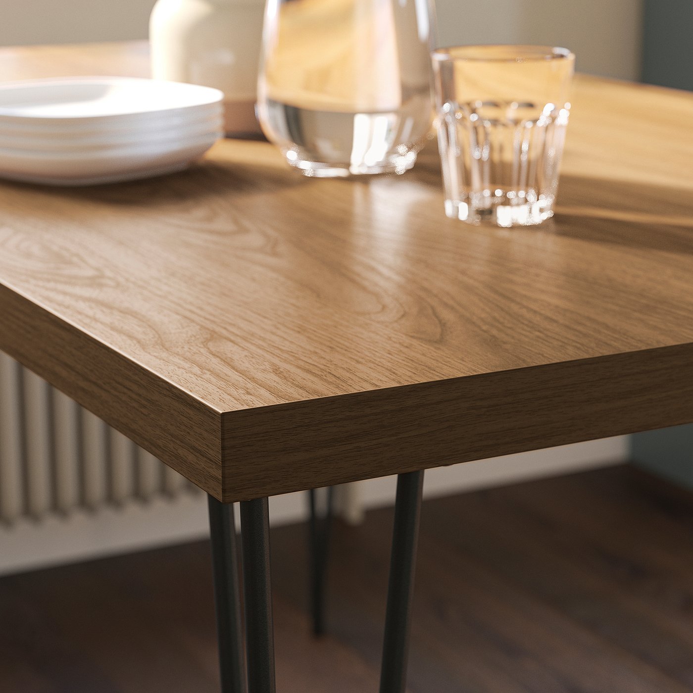 SKÅLSTA table and 4 chairs, walnut effect hairpin black-grey/Knäbäck dark grey tubular metal/black-grey, 140x80 cm