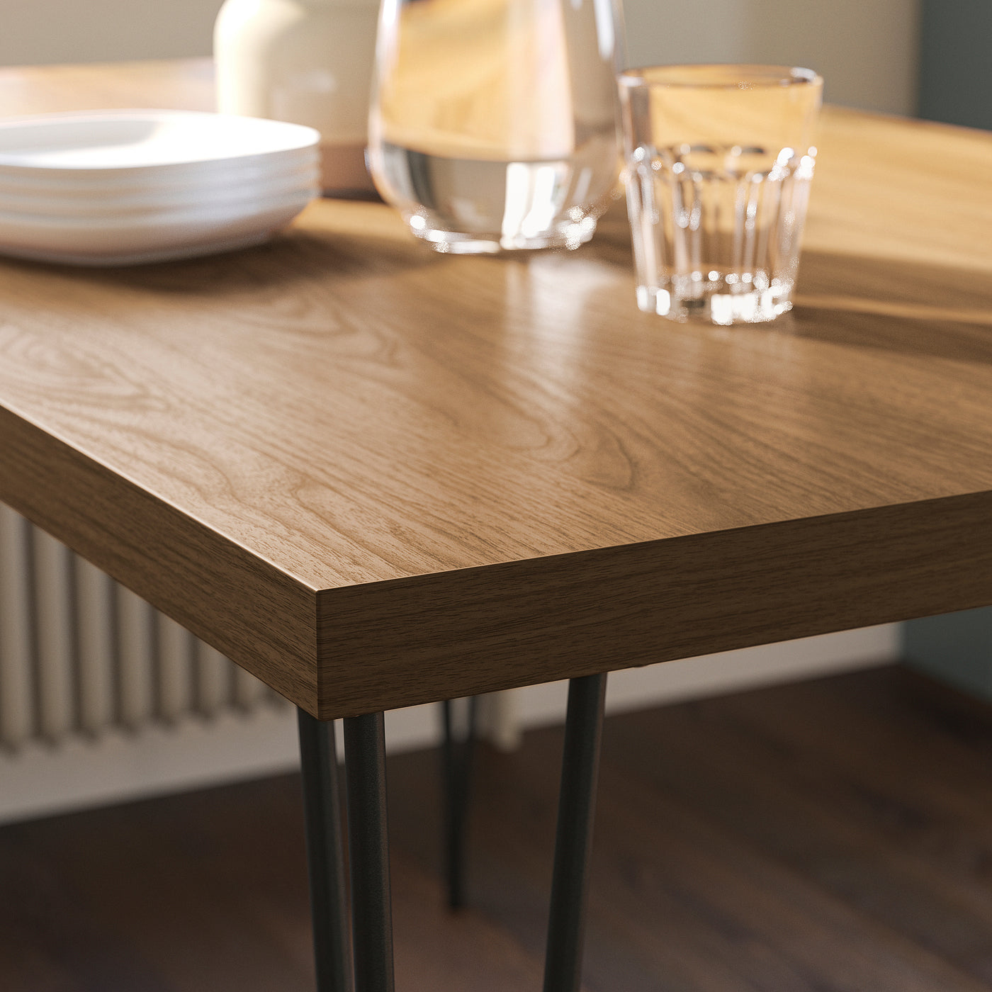 SKÅLSTA table and 4 chairs, walnut effect hairpin black-grey/plastic black tubular metal/black-grey, 140x80 cm
