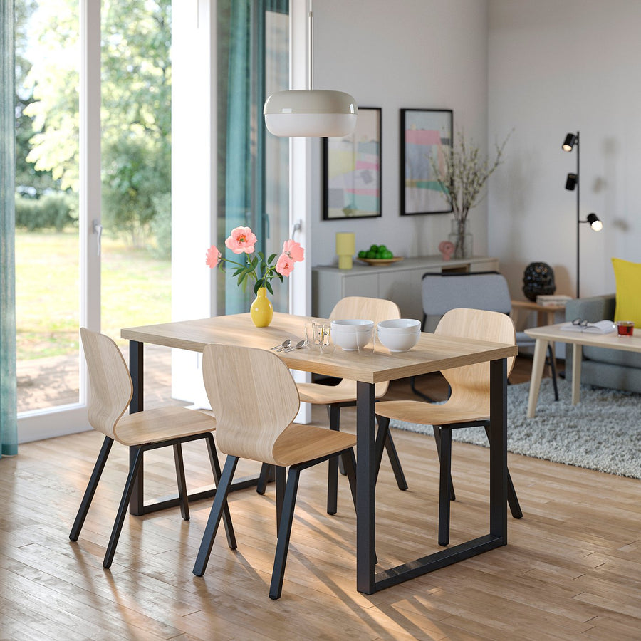 SKÅLSTA table and 4 chairs, oak effect U-shaped black-grey/oak veneer profiled metal/black-grey, 140x80 cm