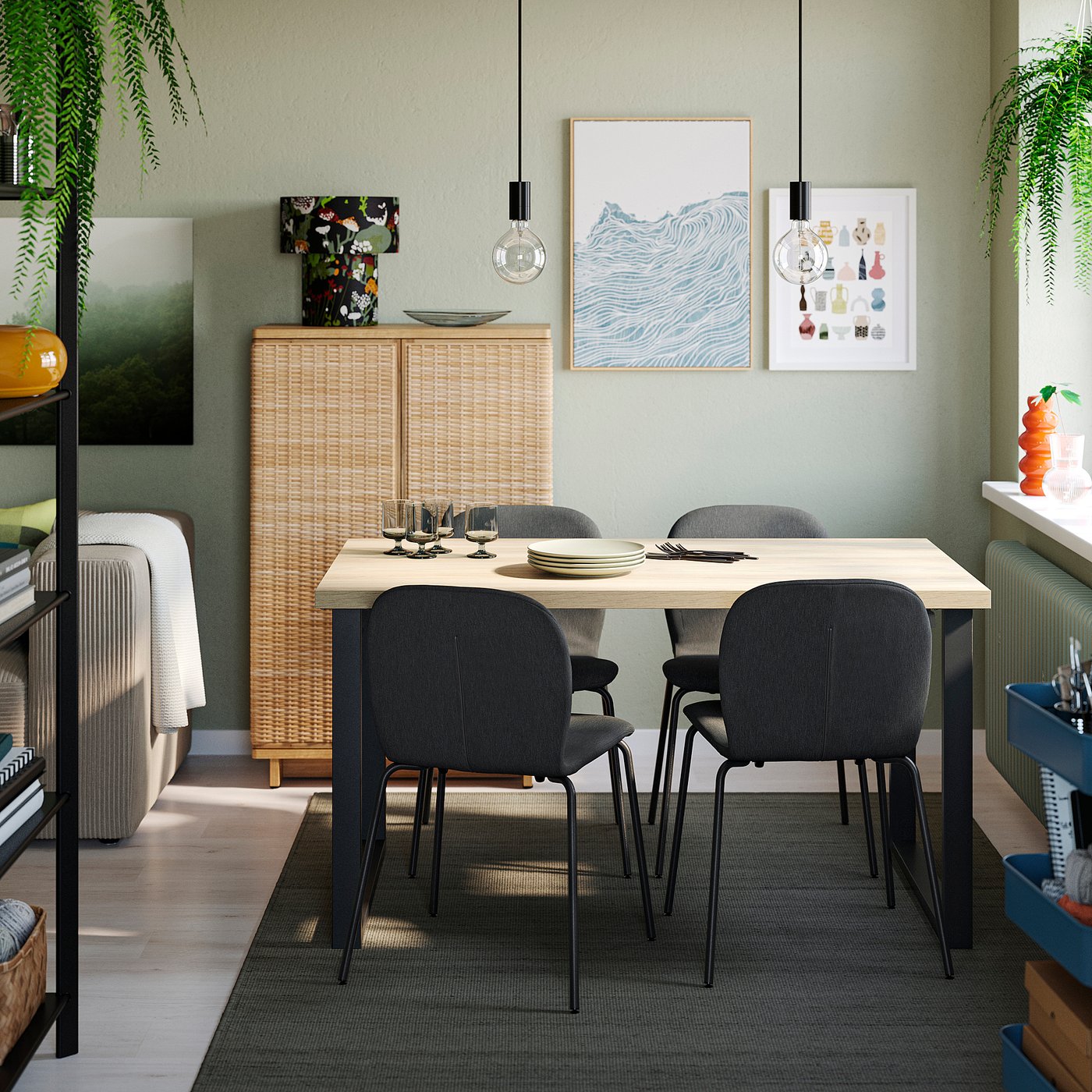 SKÅLSTA table and 4 chairs, oak effect U-shaped black-grey/Knäbäck dark grey tubular metal/black-grey, 140x52 cm