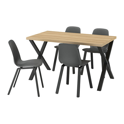 SKÅLSTA table and 4 chairs, oak effect X-shaped black-grey/plastic black profiled metal/black-grey, 140x80 cm