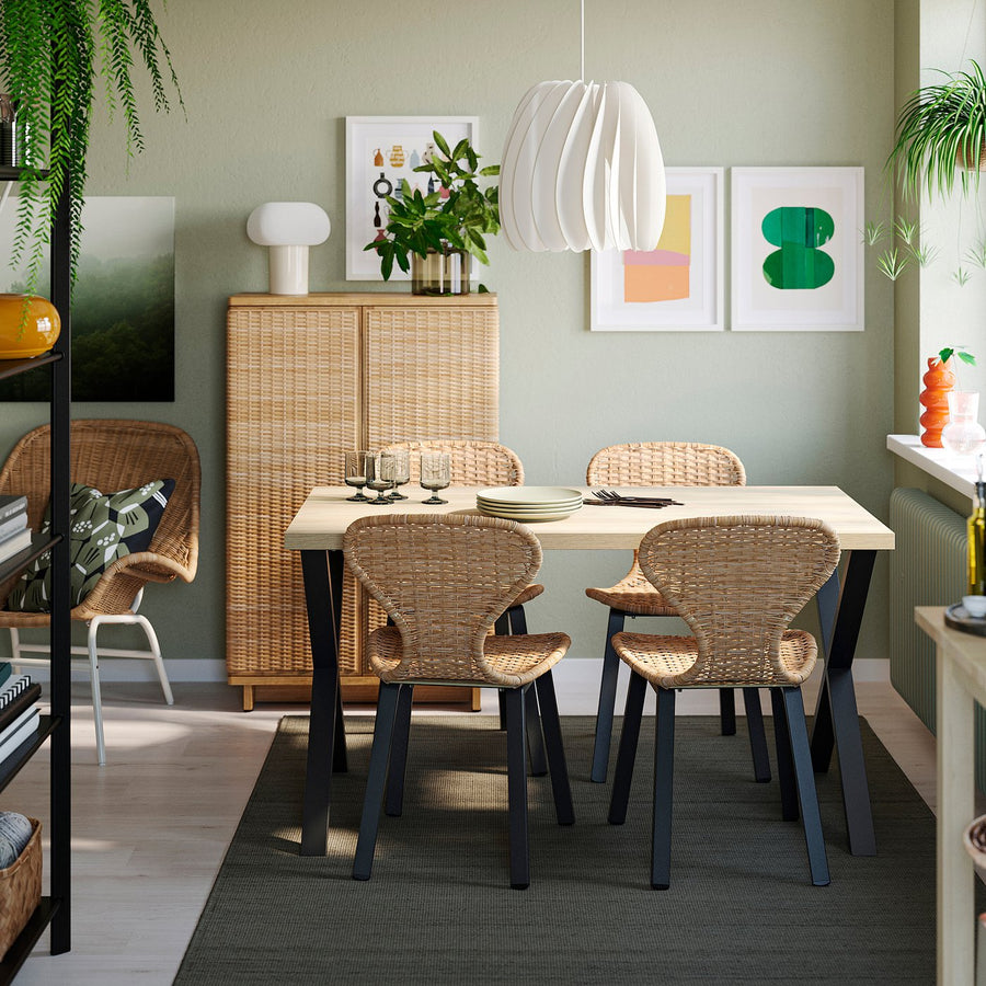 SKÅLSTA table and 4 chairs, oak effect X-shaped black-grey/rattan profiled metal/black-grey, 140x49 cm