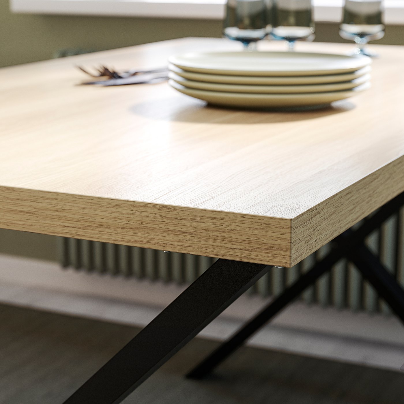 SKÅLSTA table and 4 chairs, oak effect X-shaped black-grey/rattan profiled metal/black-grey, 140x49 cm