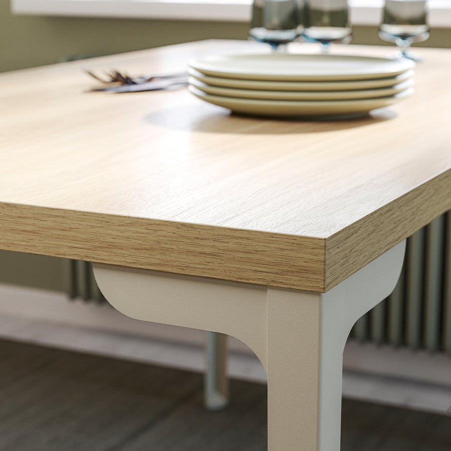 SKÅLSTA table and 4 chairs, oak effect straight light grey-beige/oak veneer tubular metal/light grey-beige, 140x80 cm