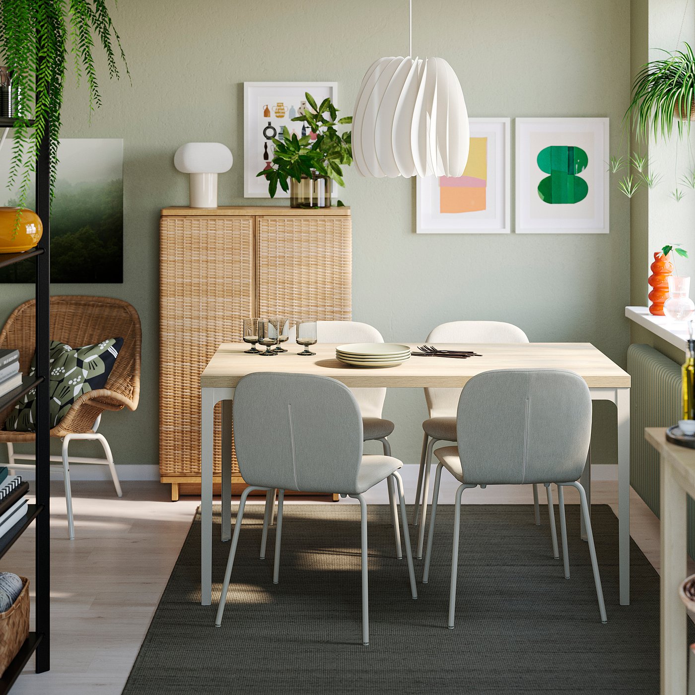 SKÅLSTA table and 4 chairs, oak effect straight light grey-beige/Knäbäck beige tubular metal/light grey-beige, 140x80 cm