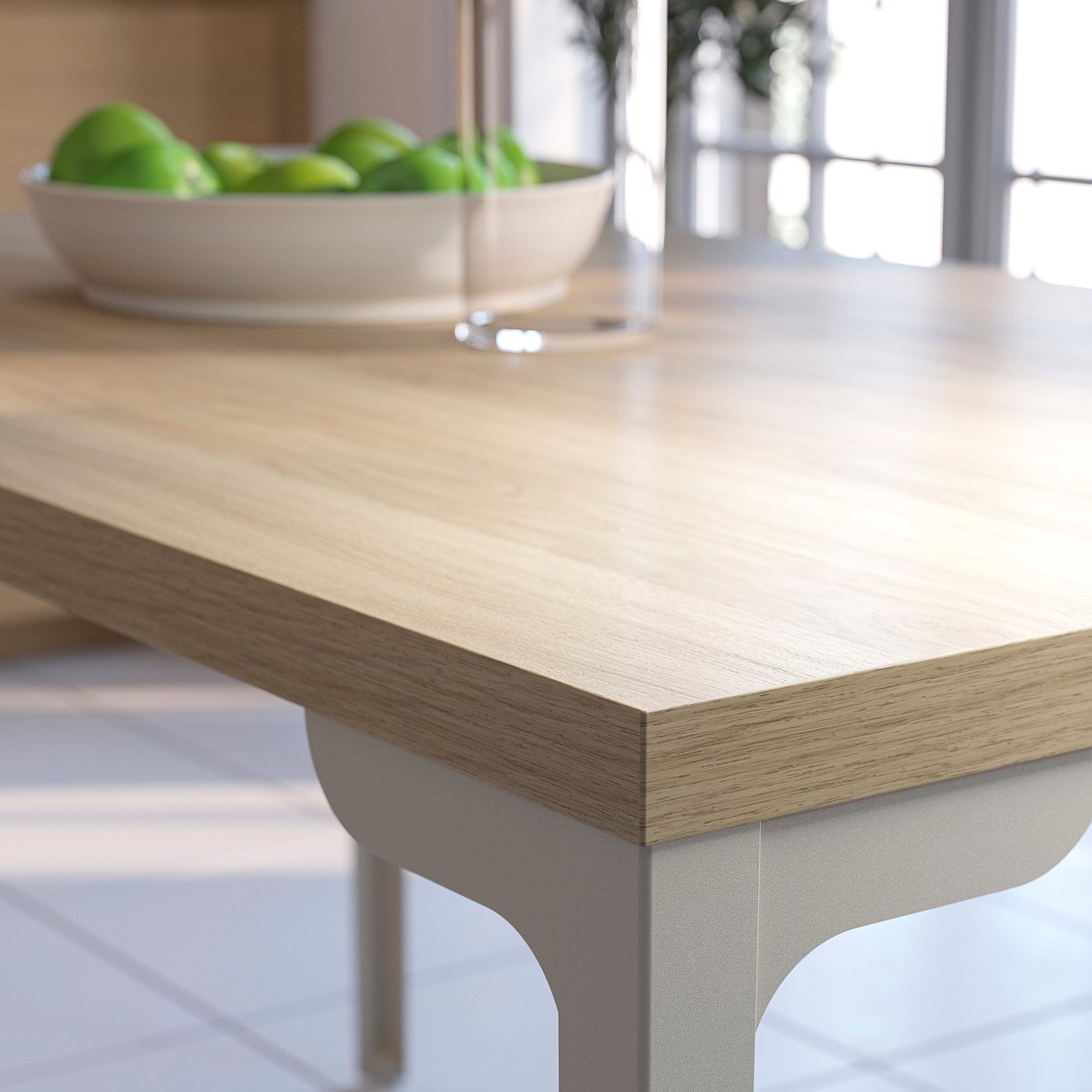 SKÅLSTA table and 4 chairs, oak effect straight light grey-beige/plastic beige tubular metal/light grey-beige, 140x80 cm