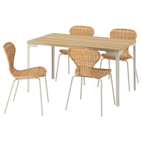 SKÅLSTA table and 4 chairs, oak effect straight light grey-beige/rattan tubular metal/light grey-beige, 140x80 cm