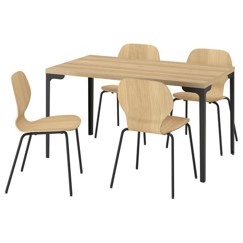 SKÅLSTA table and 4 chairs, oak effect straight black-grey/oak veneer tubular metal/black-grey, 140x52 cm