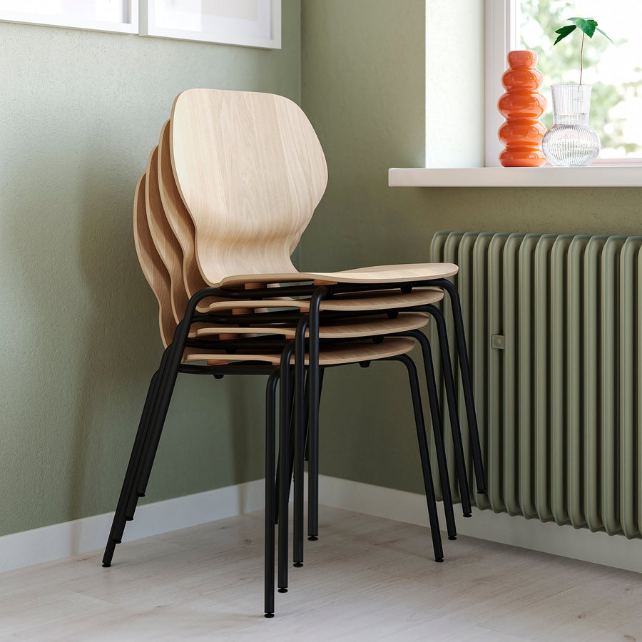 SKÅLSTA table and 4 chairs, oak effect straight black-grey/oak veneer tubular metal/black-grey, 140x52 cm