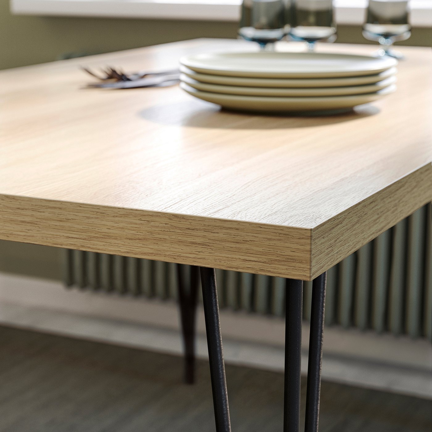 SKÅLSTA table and 4 chairs, oak effect hairpin black-grey/Knäbäck dark grey tubular metal/black-grey, 140x80 cm