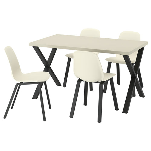SKÅLSTA table and 4 chairs, light grey-beige X-shaped black-grey/plastic beige profiled metal/black-grey, 140x80 cm