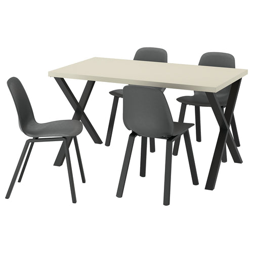 SKÅLSTA table and 4 chairs, light grey-beige X-shaped black-grey/plastic black profiled metal/black-grey, 140x80 cm