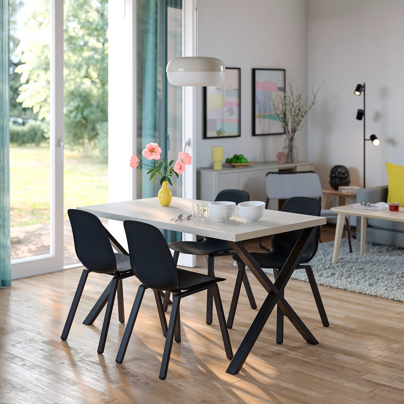 SKÅLSTA table and 4 chairs, light grey-beige X-shaped black-grey/plastic black profiled metal/black-grey, 140x80 cm
