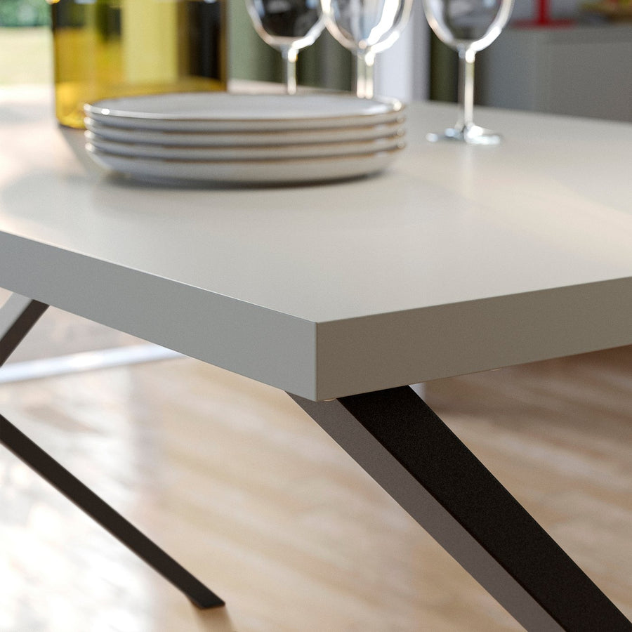 SKÅLSTA table and 4 chairs, light grey-beige X-shaped black-grey/plastic black profiled metal/black-grey, 140x80 cm