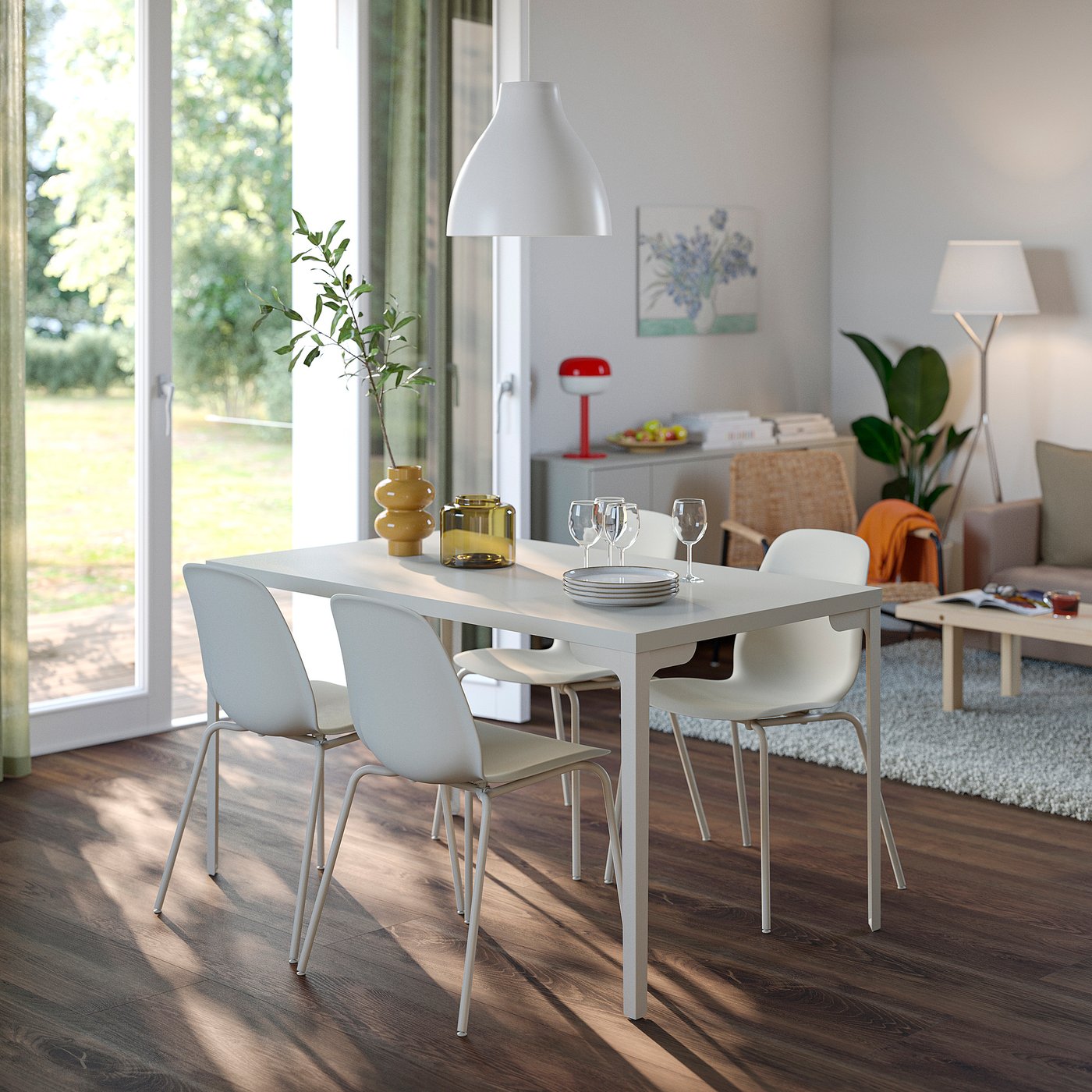 SKÅLSTA table and 4 chairs, light grey-beige straight light grey-beige/plastic beige tubular metal/light grey-beige, 140x80 cm