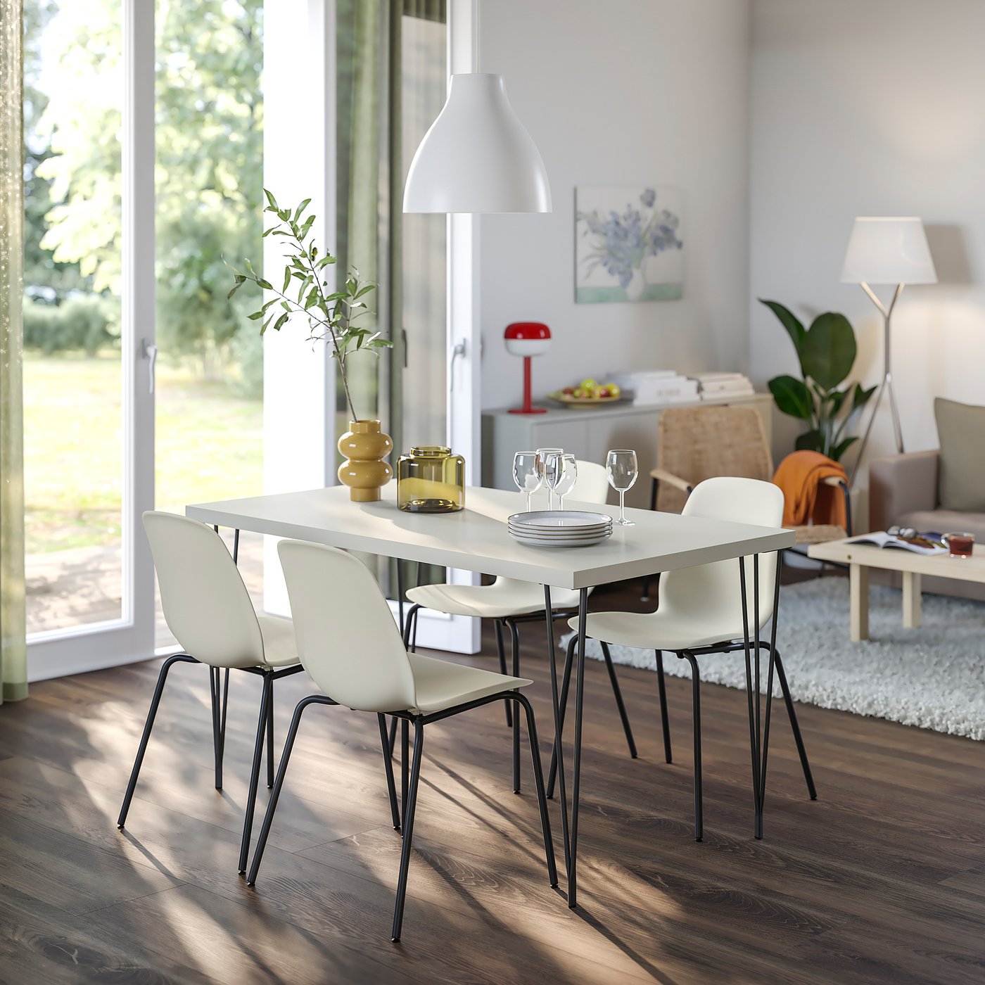 SKÅLSTA table and 4 chairs, light grey-beige hairpin black-grey/plastic beige tubular metal/black-grey, 140x52 cm