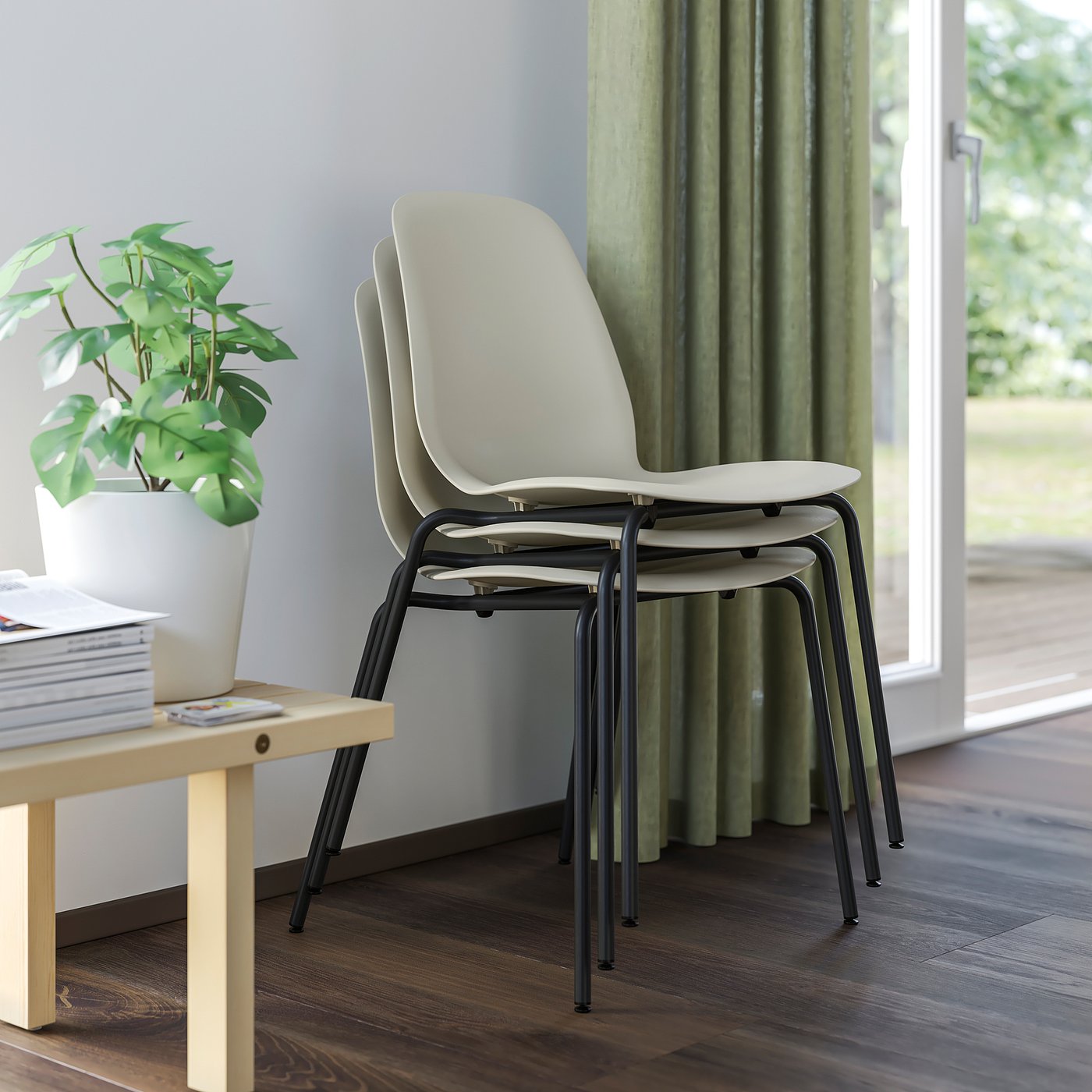 SKÅLSTA table and 4 chairs, light grey-beige hairpin black-grey/plastic beige tubular metal/black-grey, 140x52 cm