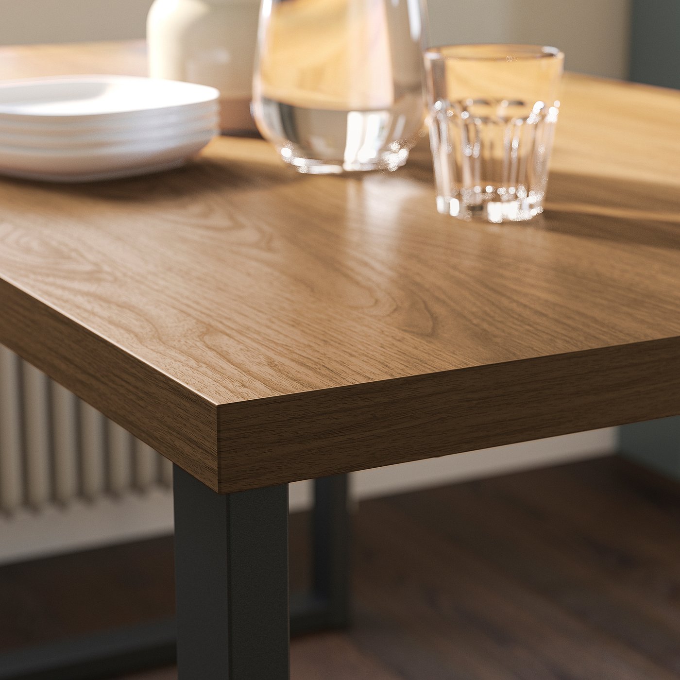 SKÅLSTA table and 4 chairs, walnut effect U-shaped black-grey/plastic black tubular metal/black-grey