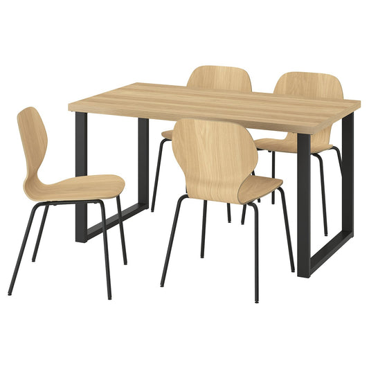SKÅLSTA table and 4 chairs, oak effect U-shaped black-grey/oak veneer tubular metal/black-grey, 140x52 cm