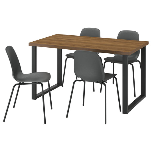 SKÅLSTA table and 4 chairs, walnut effect U-shaped black-grey/plastic black tubular metal/black-grey