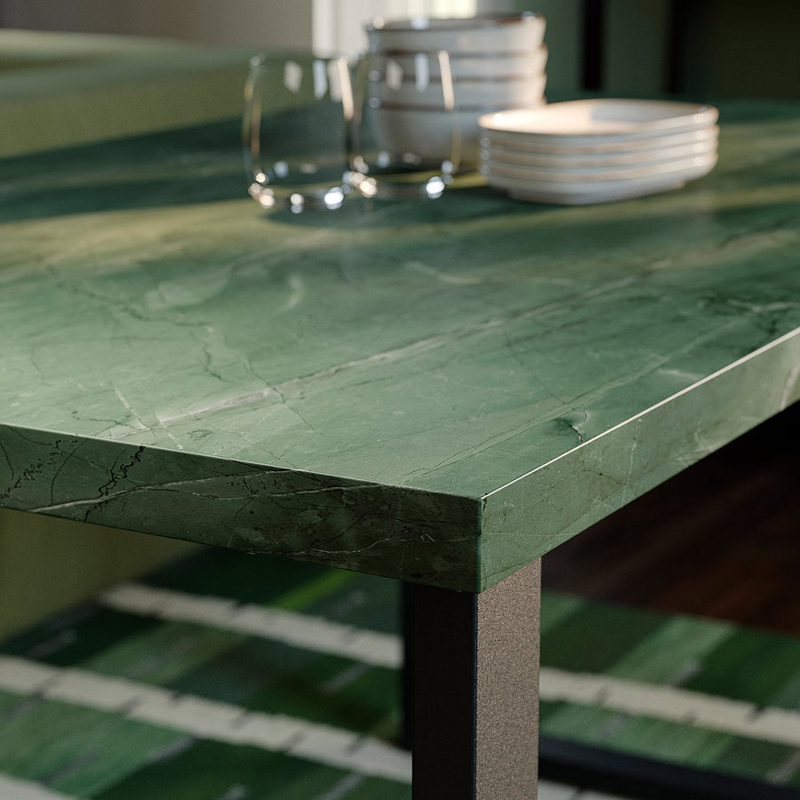 SKÅLSTA table, dark grey-green marble effect/U-shaped black-grey, 140x80 cm