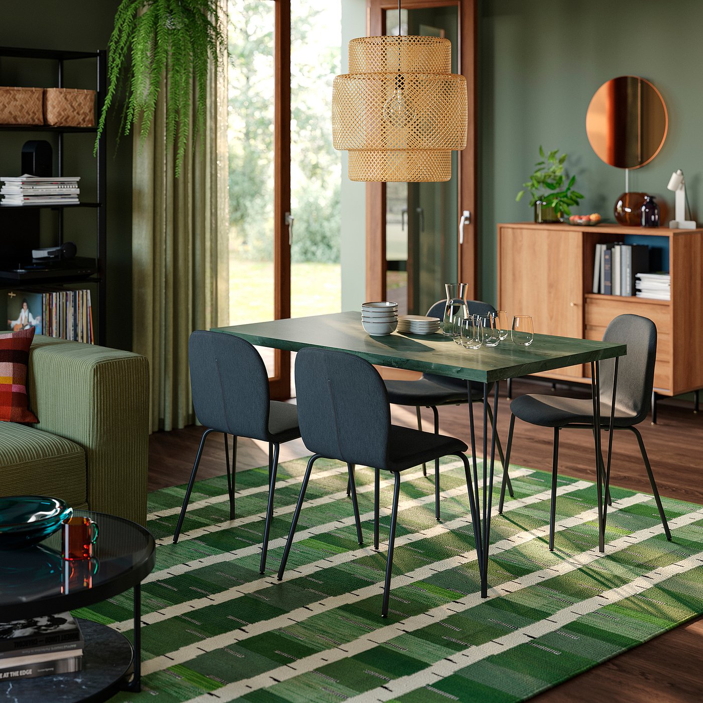 SKÅLSTA table, dark grey-green marble effect/hairpin black-grey, 140x80 cm