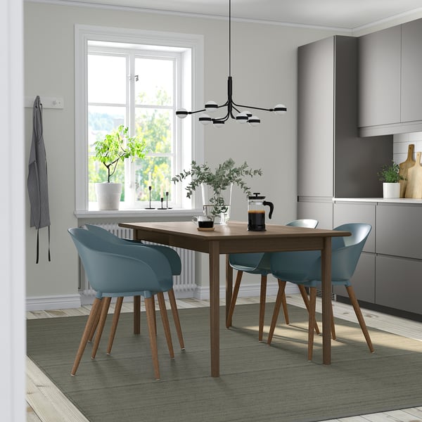 SKANSNÄS / GRÖNSTA table and 4 chairs, armrests brown/turquoise, 150/205 cm