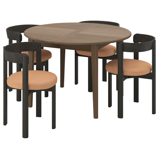 SKANSNÄS / STOCKHOLM 2025 table and 4 chairs, brown beech veneer/dark brown leather, 115/170 cm