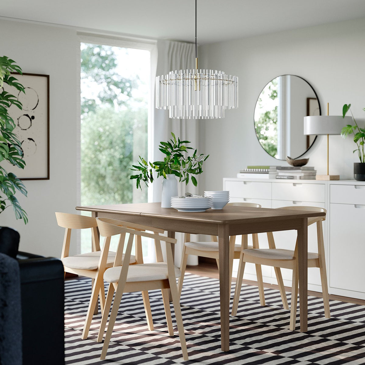 SKANSNÄS / STOCKHOLM table and 4 chairs, brown beech/birch veneer Tresund beige, 150/205 cm